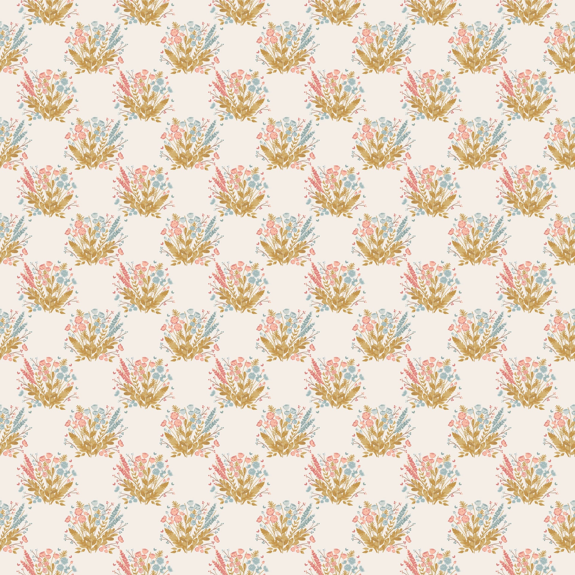Maddie Floral Wallpaper - Cream, Maroon, Mustard-Yellow & Blue