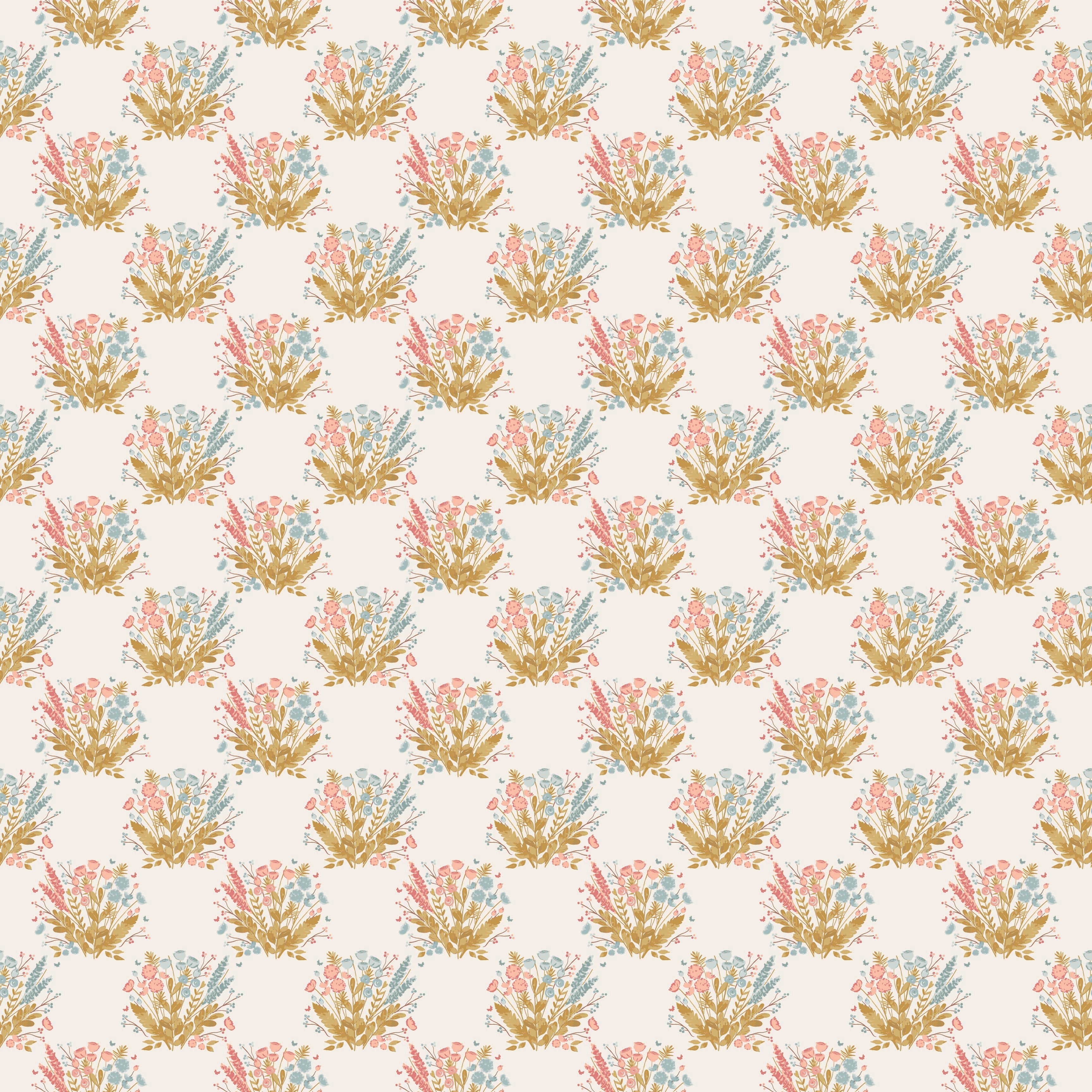 Maddie Floral Wallpaper - Cream, Maroon, Mustard-Yellow & Blue