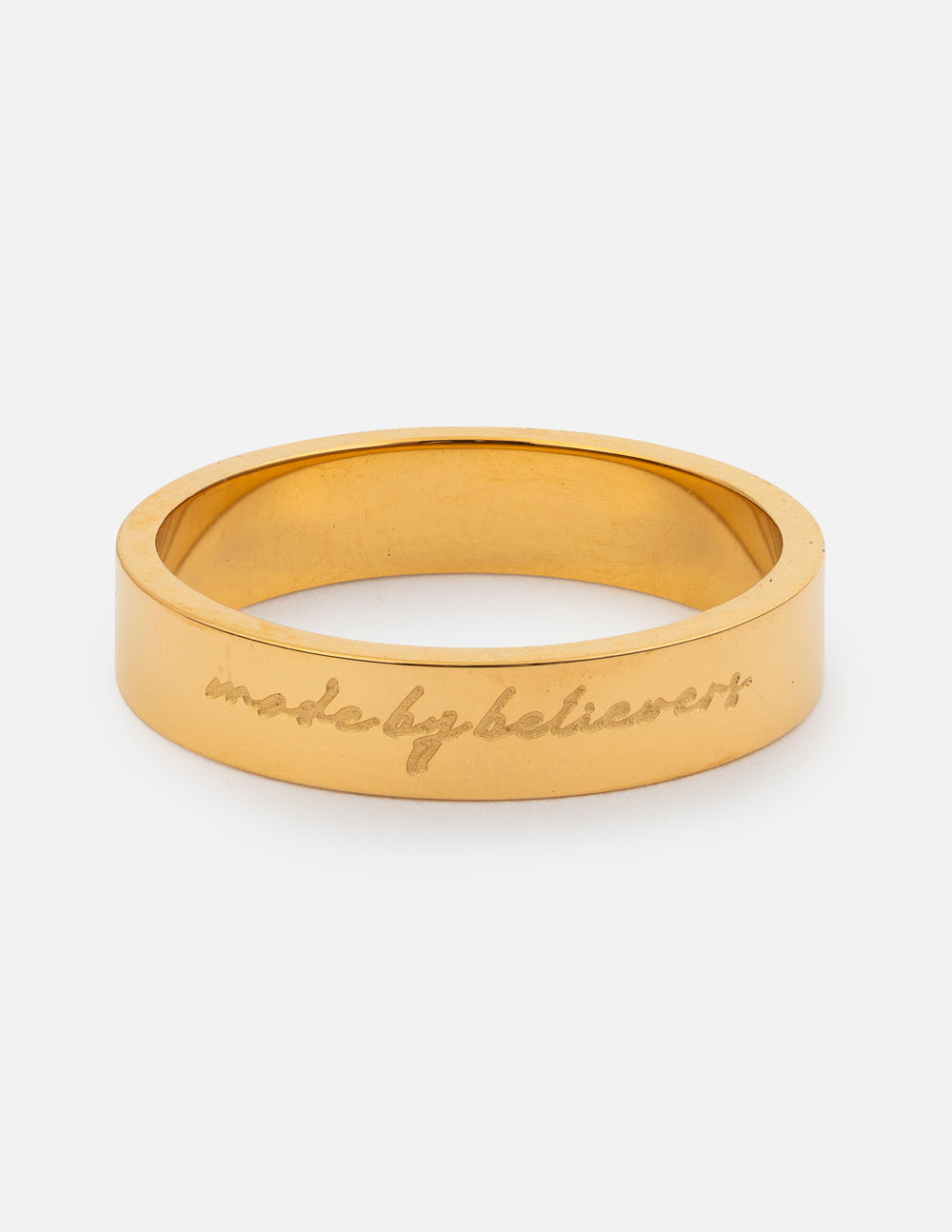 Unisex gold statement ring engraved with Made by Believers, minimalist spiritual design