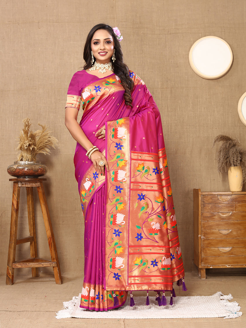 Magenta Soft Paithani Silk saree with rich Zari and Meenakari weaving details