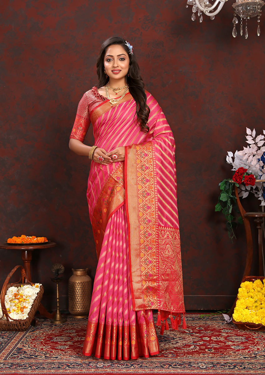 Magenta Organza Silk saree with rich Meenakari woven pallu