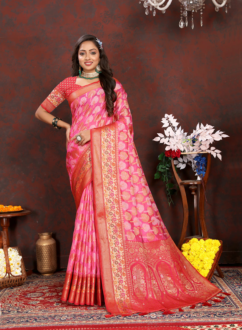Magenta Organza silk saree with detailed Meenakari pallu and matching blouse