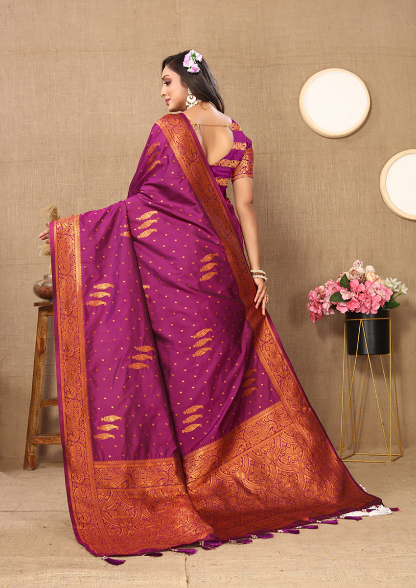 Magenta Soft Silk Saree with Copper Zari Weaving Design
