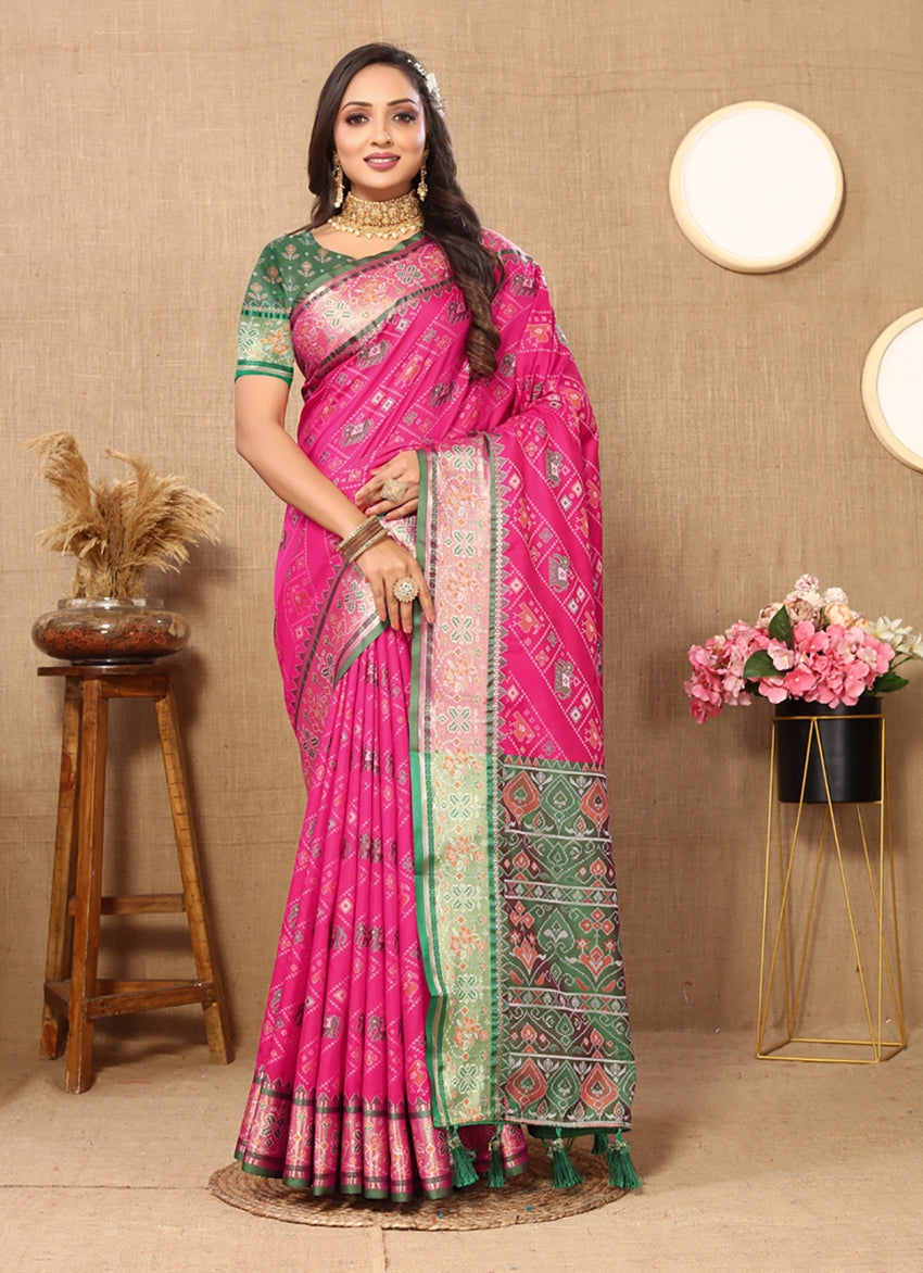 Magenta Patola Silk Saree with Zari Meenakari weaving pallu and matching blouse piece