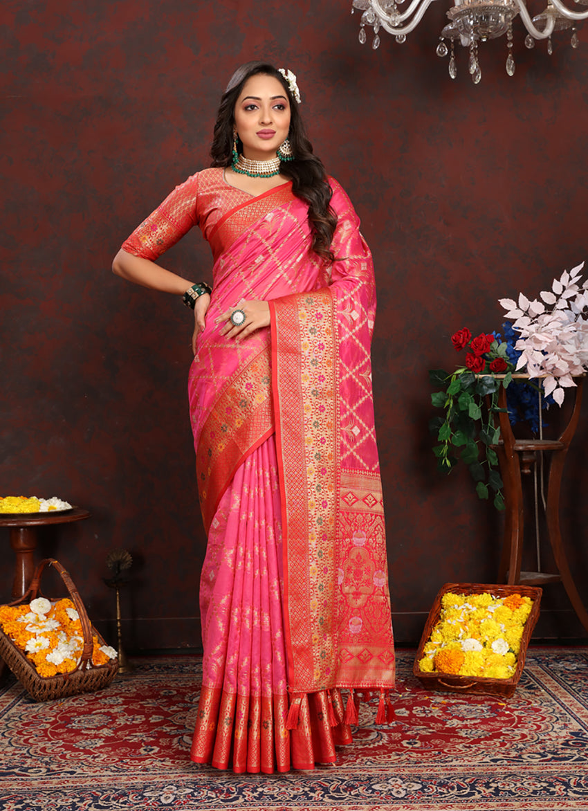 Magenta Organza silk saree with rich Meenakari pallu and matching blouse fabric