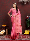 Magenta Organza Silk saree with rich Meenakari woven pallu and silk blouse