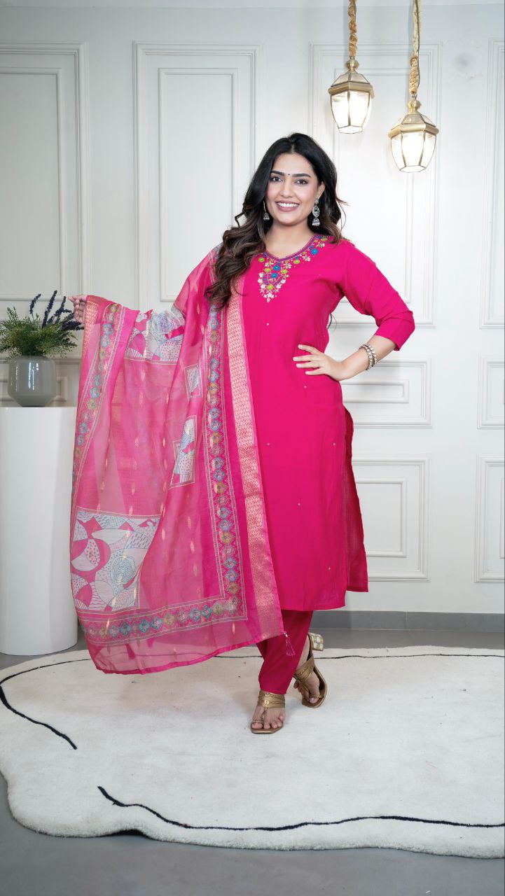 Magenta Roman Silk Hand Work Kurta Set with Dupatta