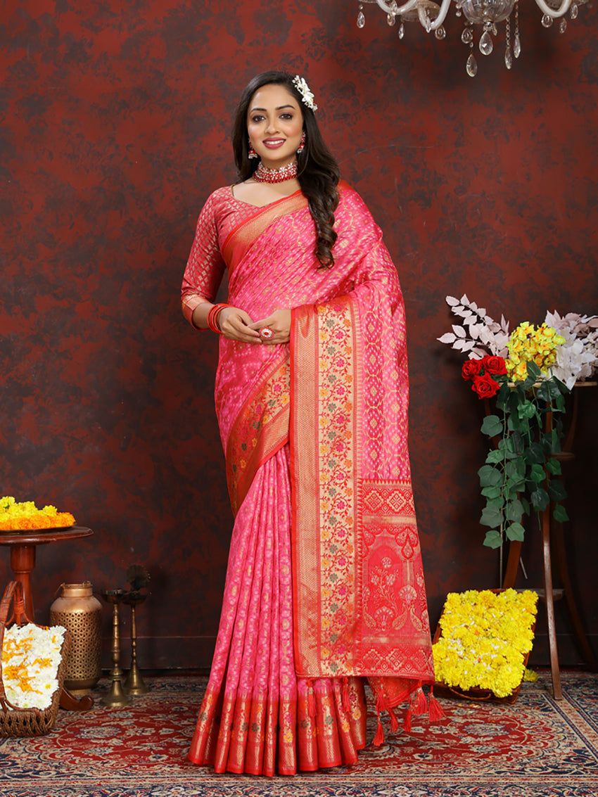 Lorenvalley Fashion Magenta Organza Silk Woven Design with Rich Meenakari Weaving Pallu Saree