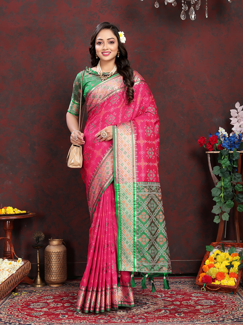 Magenta Patola Silk saree with Zari Meenakari woven pallu motifs
