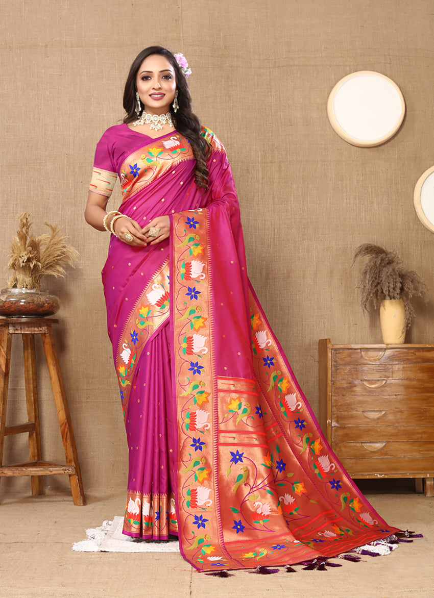 Magenta Soft Paithani Silk Saree with Rich Zari Meenakari Weaving