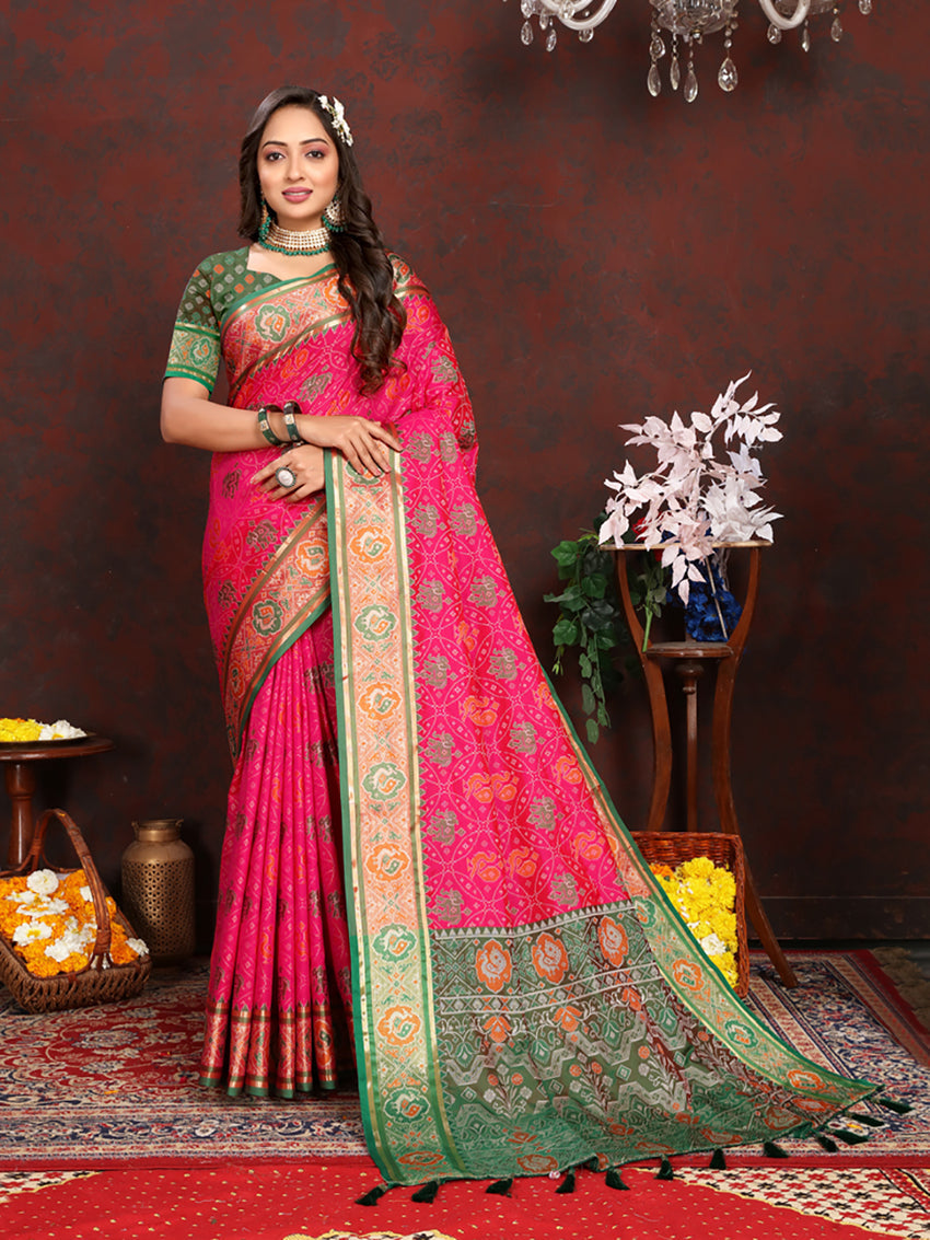 Magenta Patola Silk Saree with Zari Meenakari Woven Pallu