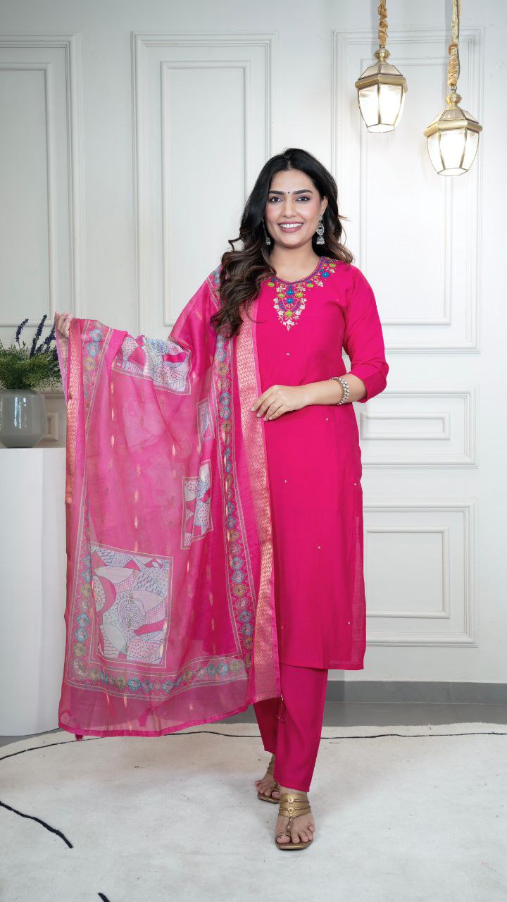 Magenta Roman Silk Hand Work Kurta Set with Dupatta
