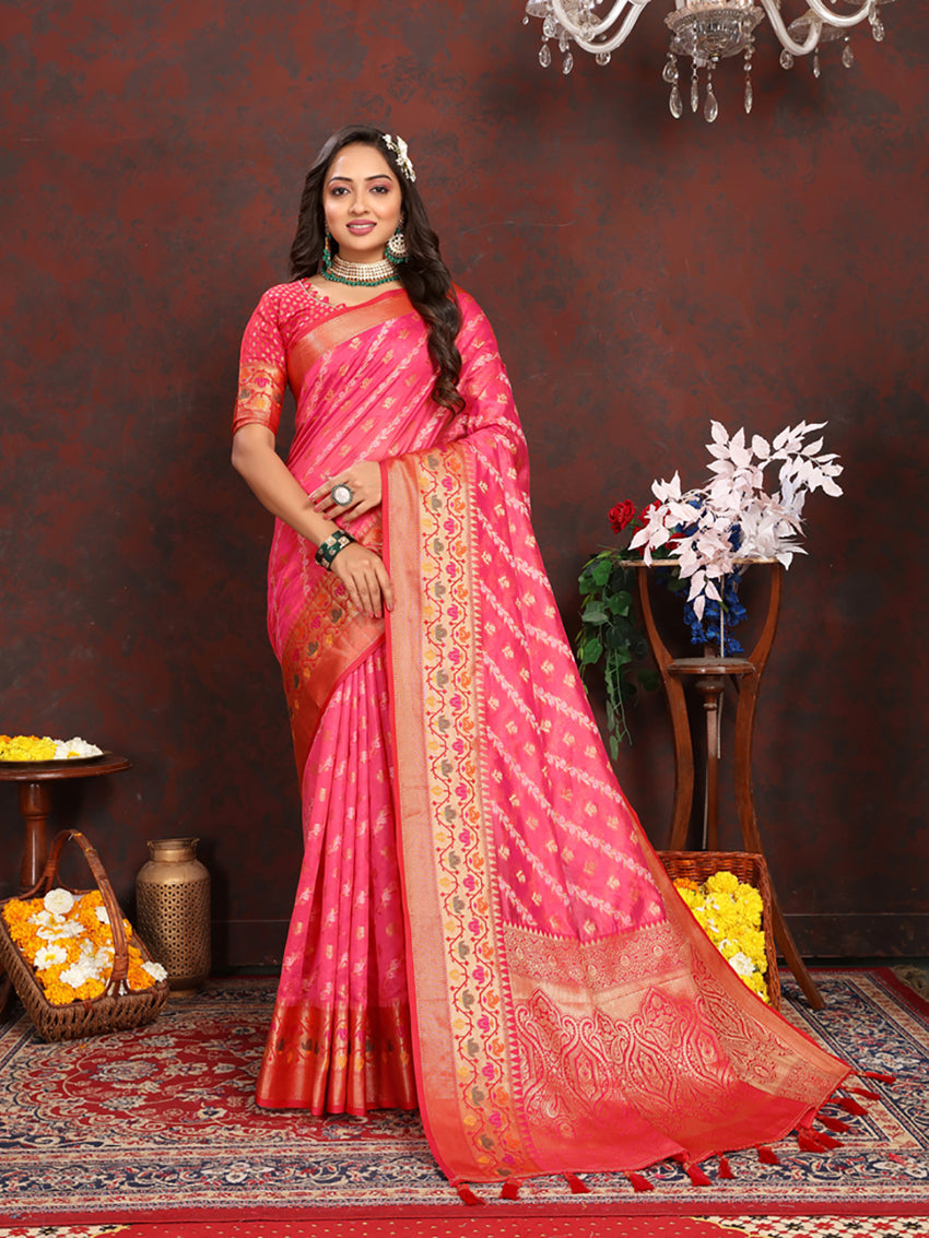 Magenta Organza Silk Saree with Rich Meenakari Weaving