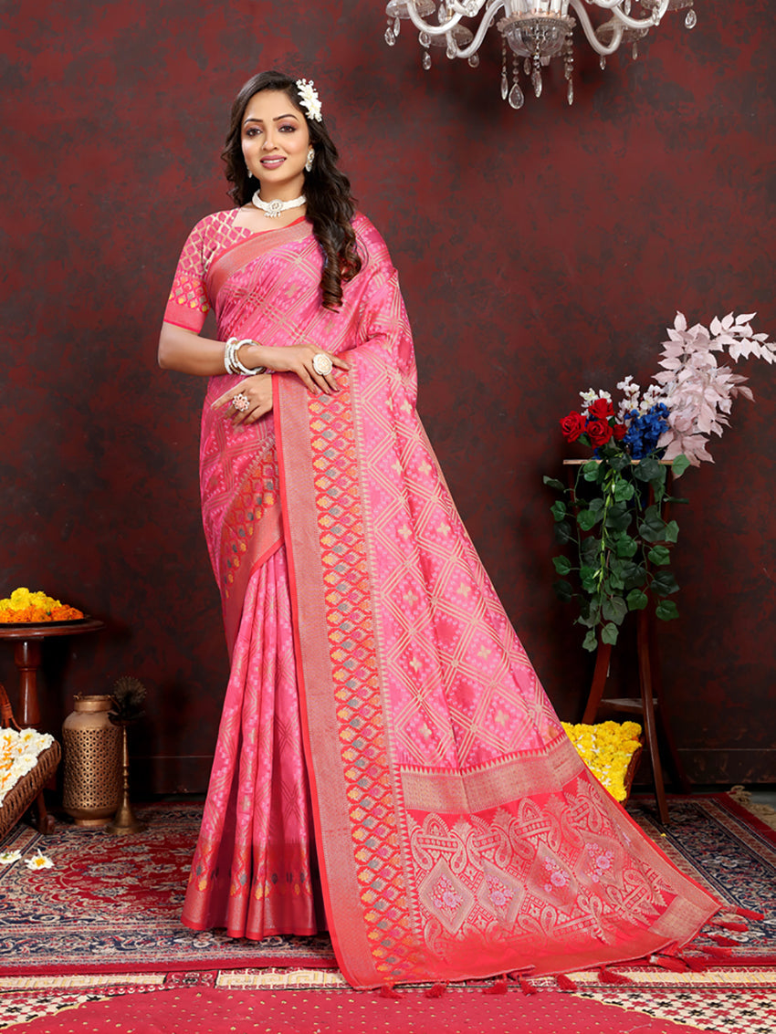 Magenta Organza Silk Saree with Meenakari Woven Pallu & Silk Blouse