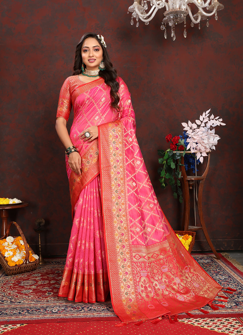 Magenta Organza Silk Saree with Meenakari Woven Pallu
