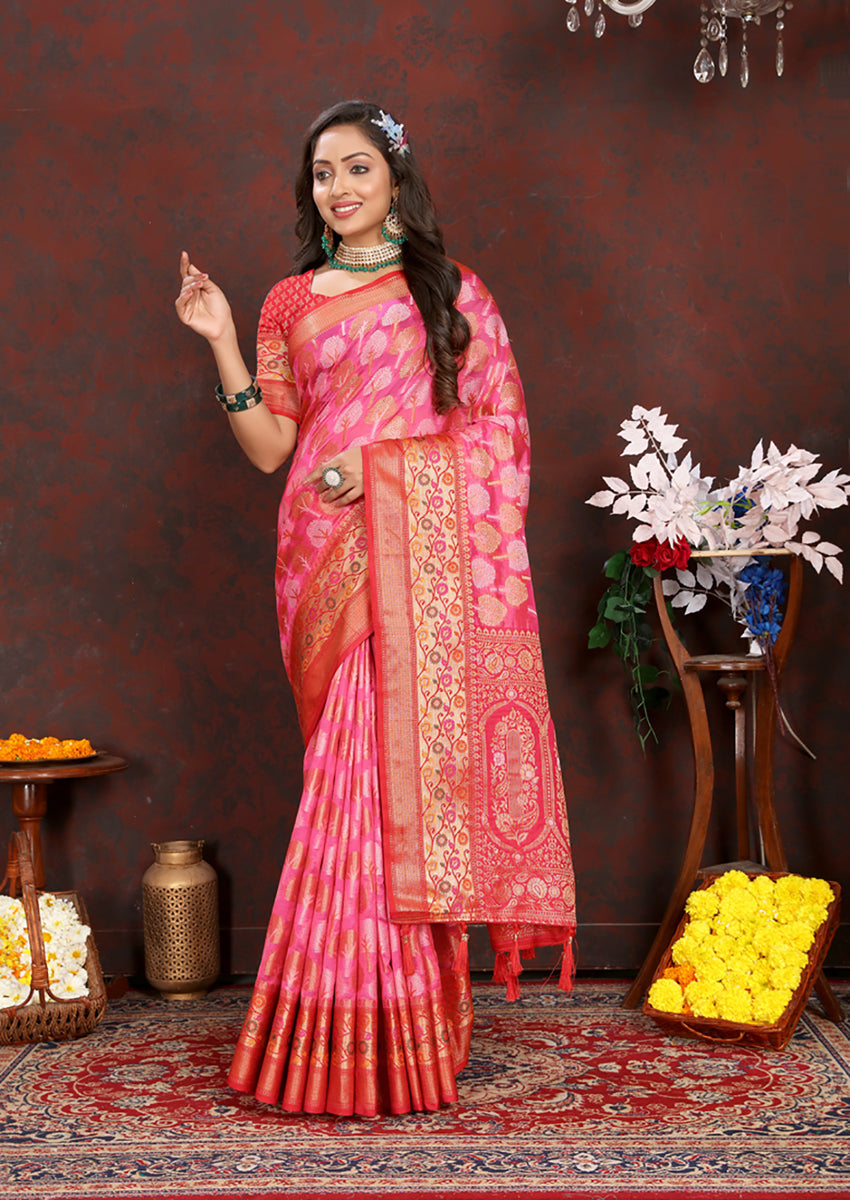 Magenta Organza Silk Saree with Rich Meenakari Weaving