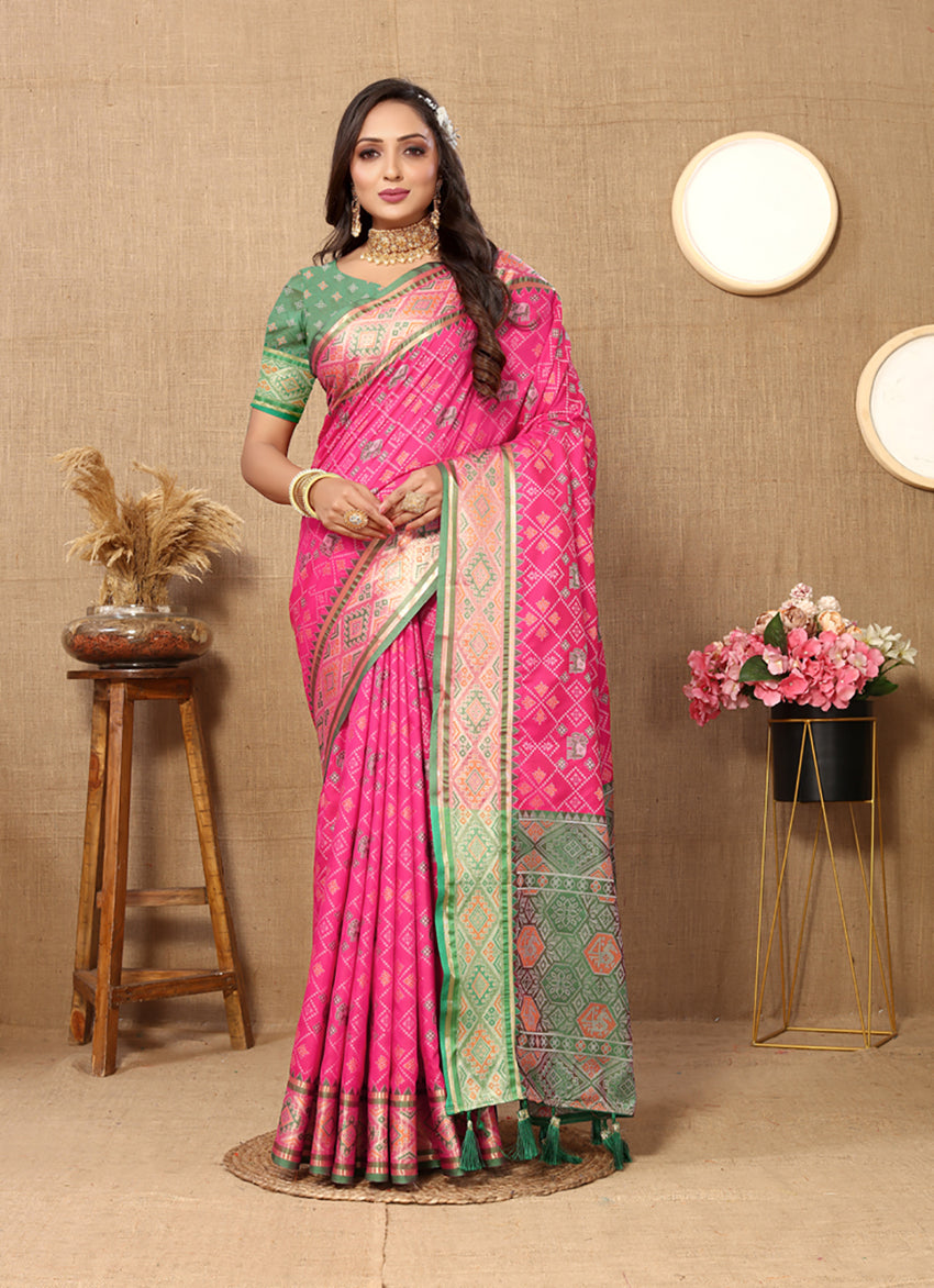 Magenta Patola Silk Saree with Zari Meenakari Woven Pallu