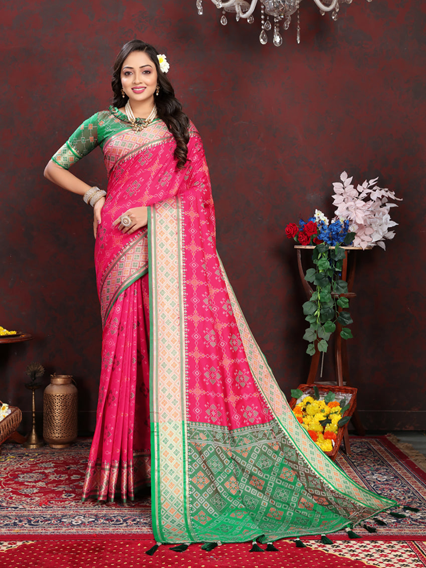 Magenta Patola Silk Saree with Zari Meenakari Woven Motifs Pallu