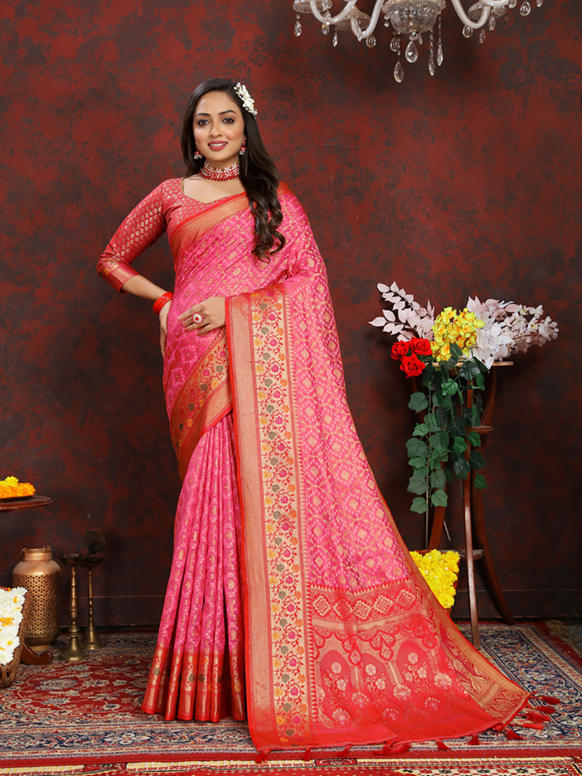 Lorenvalley Fashion Magenta Organza Silk Woven Design with Rich Meenakari Weaving Pallu Saree