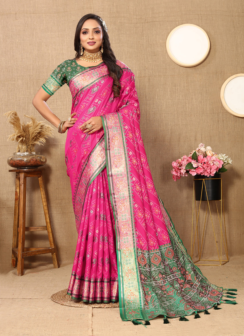 Magenta Patola Silk Saree with Zari Meenakari Weaving Pallu