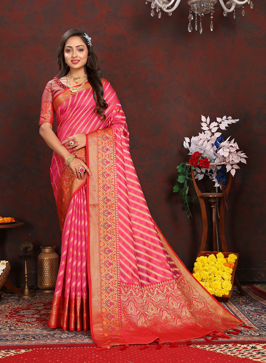 Magenta Organza Silk Saree with Rich Meenakari Woven Pallu
