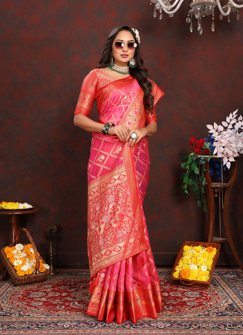 Magenta Organza Silk Saree with Meenakari Woven Pallu