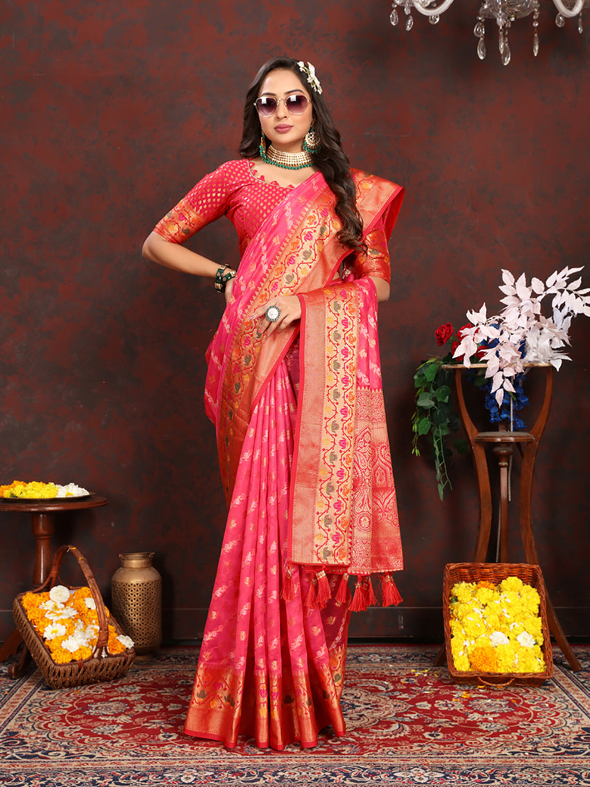 Magenta Organza Silk Saree with Rich Meenakari Weaving