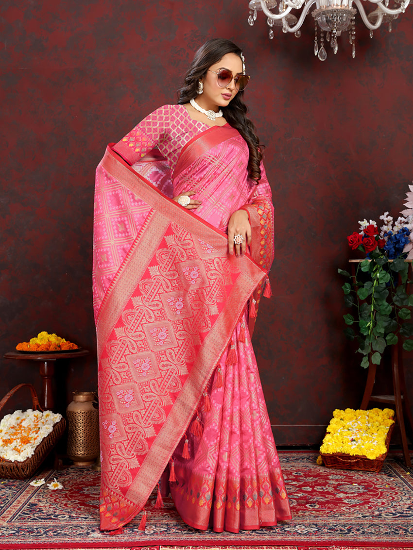 Magenta Organza Silk Saree with Meenakari Woven Pallu & Silk Blouse