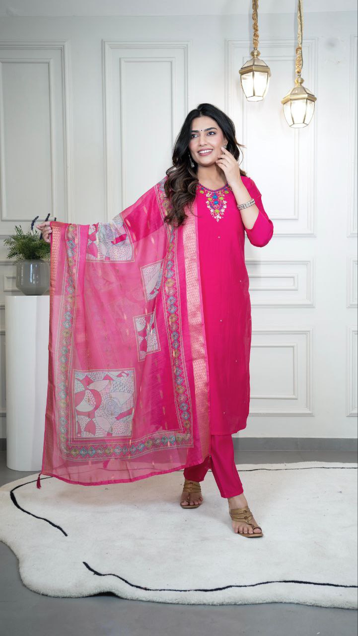 Magenta Roman Silk Hand Work Kurta Set with Dupatta