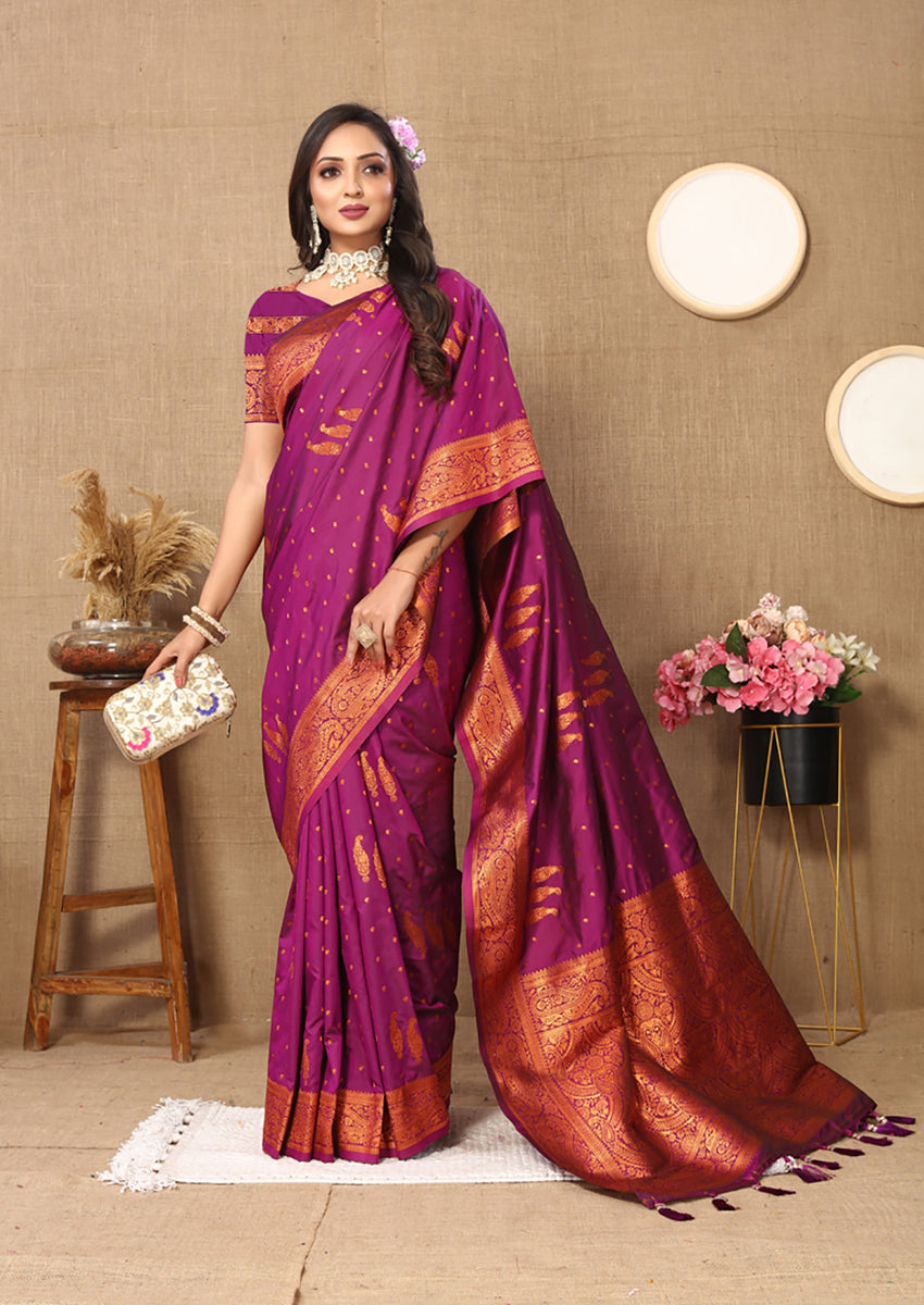 Magenta Soft Silk Saree with Copper Zari Weaving Design