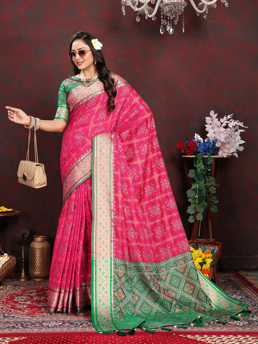 Magenta Patola Silk Saree with Zari Meenakari Woven Motifs Pallu