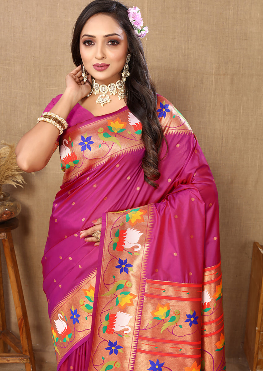 Magenta Soft Paithani Silk Saree with Rich Zari Meenakari Weaving