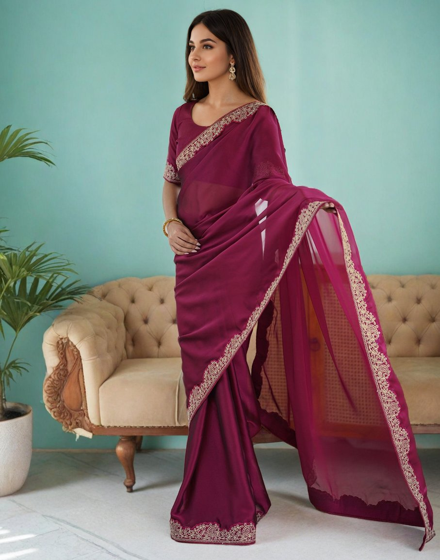 Lorenvalley Fashion Dark Magenta Rangoli Silk with Coding Lace Work Saree with Blouse