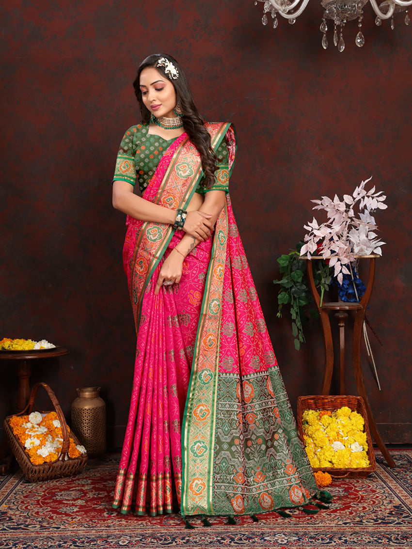 Magenta Patola Silk Saree with Zari Meenakari Woven Pallu
