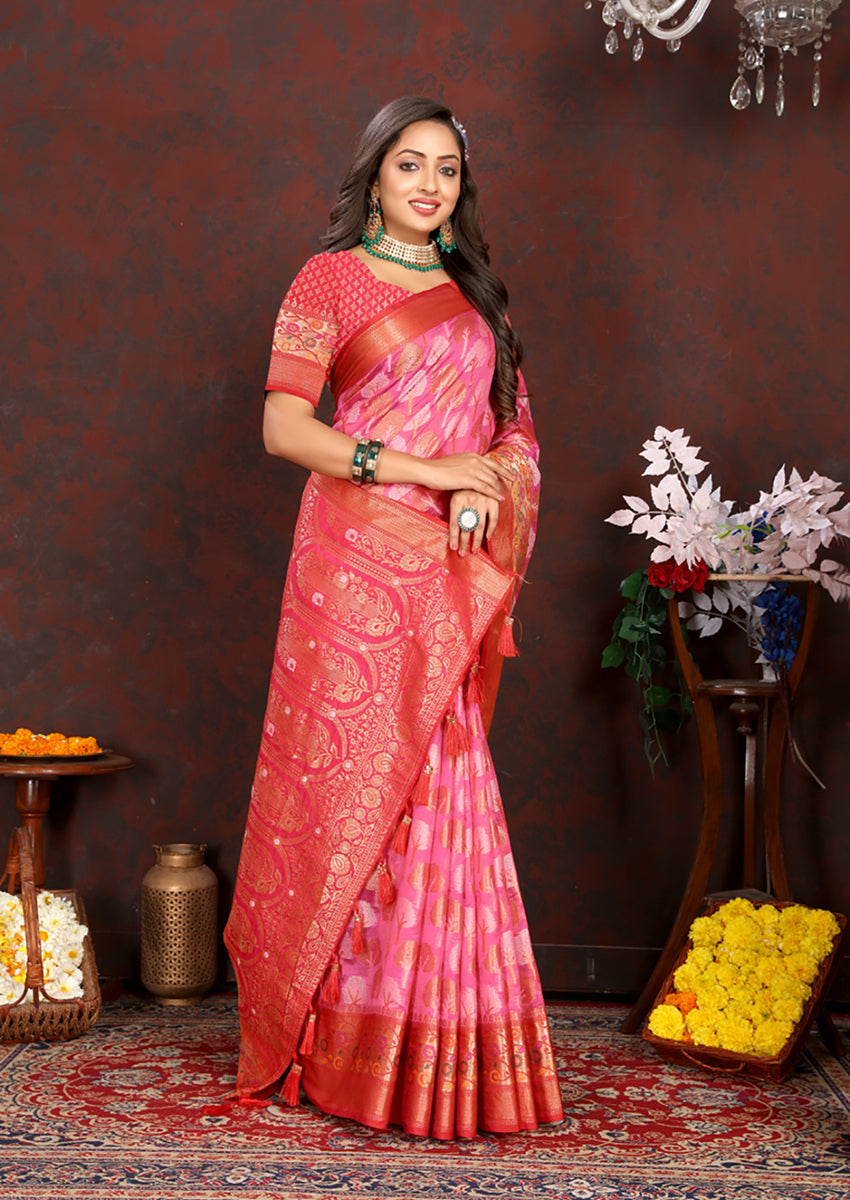 Magenta Organza Silk Saree with Rich Meenakari Weaving