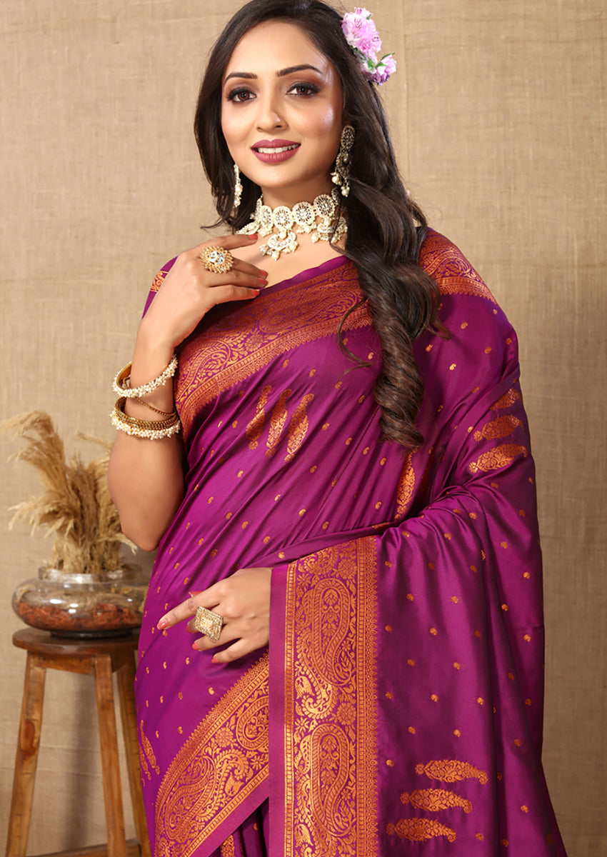 Magenta Soft Silk Saree with Copper Zari Weaving Design