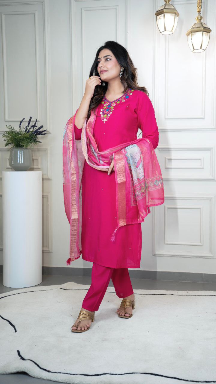 Magenta Roman Silk Kurta Set with Hand Work and Dupatta