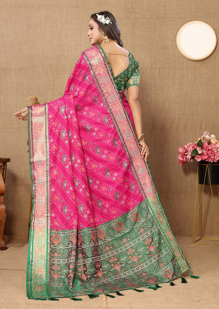 Magenta Patola Silk Saree with Zari Meenakari Weaving Pallu