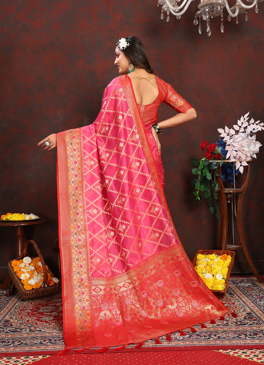 Magenta Organza Silk Saree with Meenakari Woven Pallu