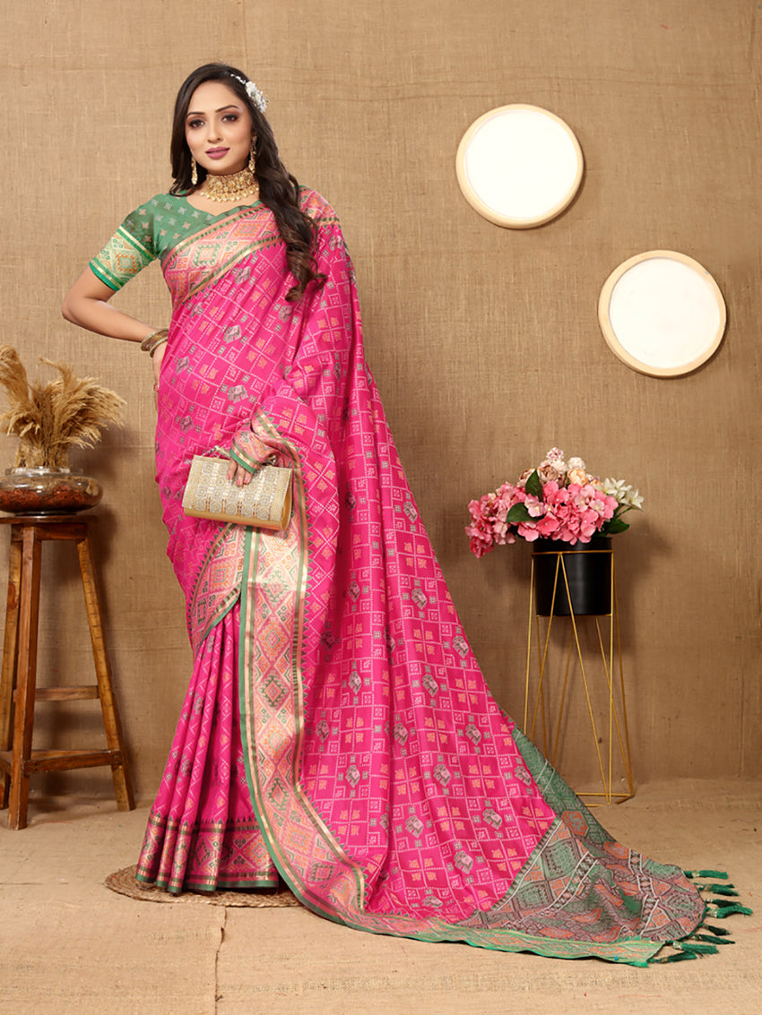 Magenta Patola Silk Saree with Zari Meenakari Woven Pallu