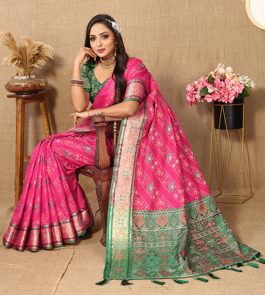 Magenta Patola Silk Saree with Zari Meenakari Weaving Pallu