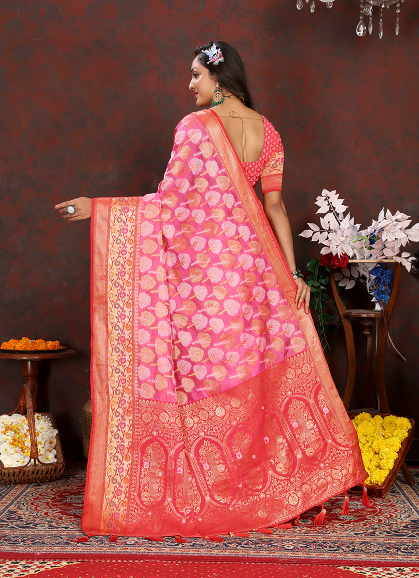 Magenta Organza Silk Saree with Rich Meenakari Weaving