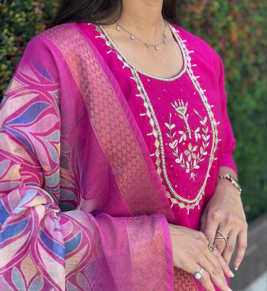 Lorenvalley Fashion Magenta Roman Silk Hand Work Kurta Pant with Dupatta