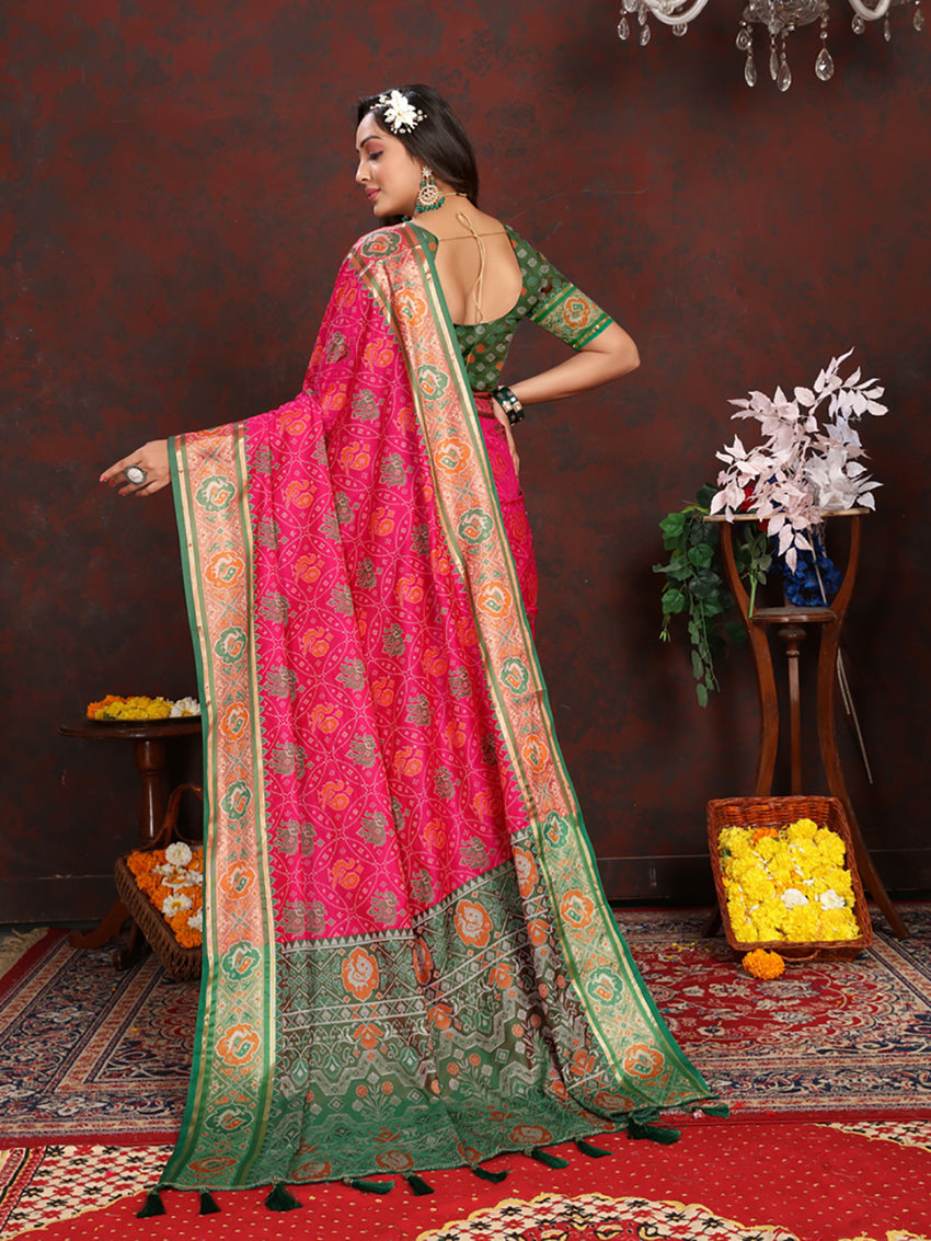 Magenta Patola Silk Saree with Zari Meenakari Woven Pallu