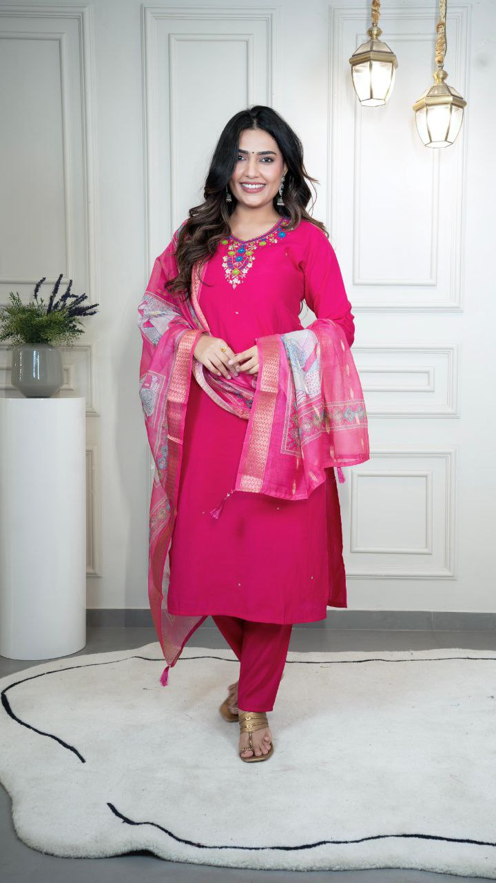 Magenta Roman Silk Kurta Set with Hand Work and Dupatta