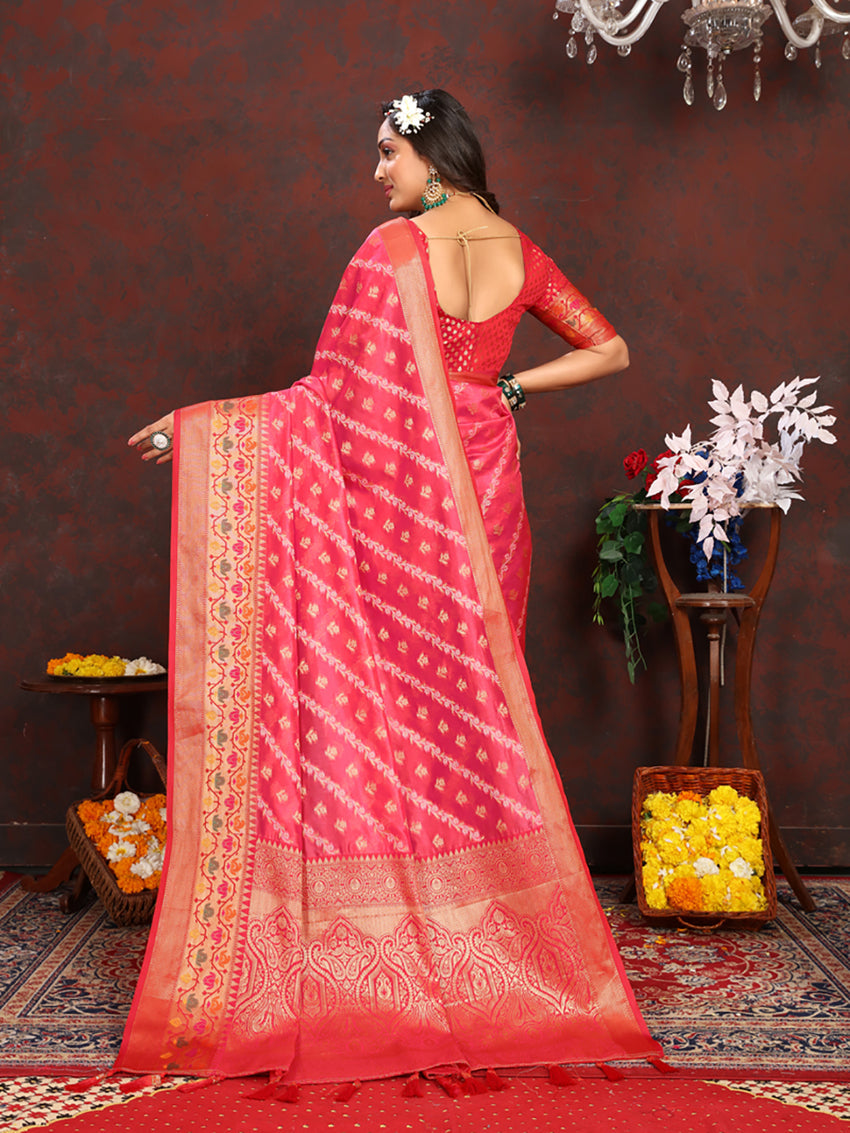 Magenta Organza Silk Saree with Rich Meenakari Weaving