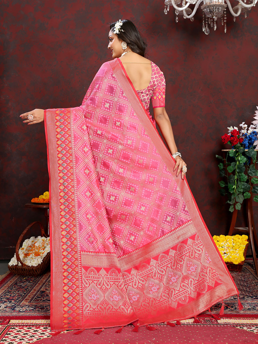 Magenta Organza Silk Saree with Meenakari Woven Pallu & Silk Blouse