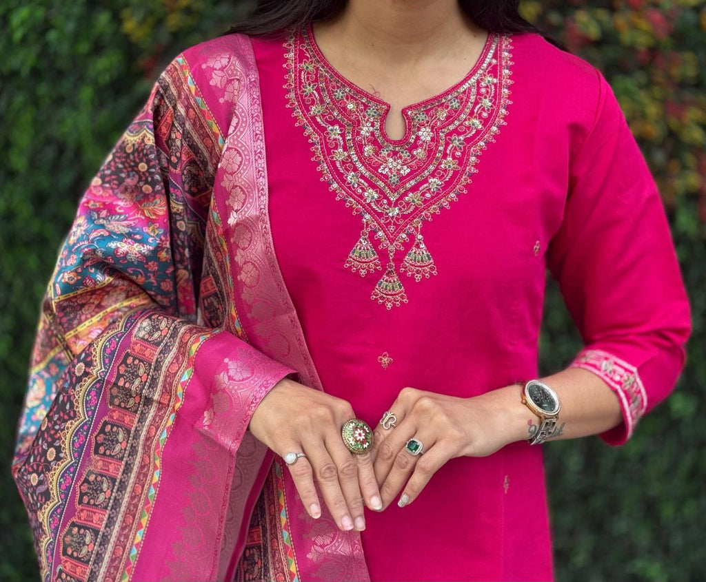 Lorenvalley Fashion Magenta Roman Silk Embroidery Multi Work Kurta Pant with Dupatta