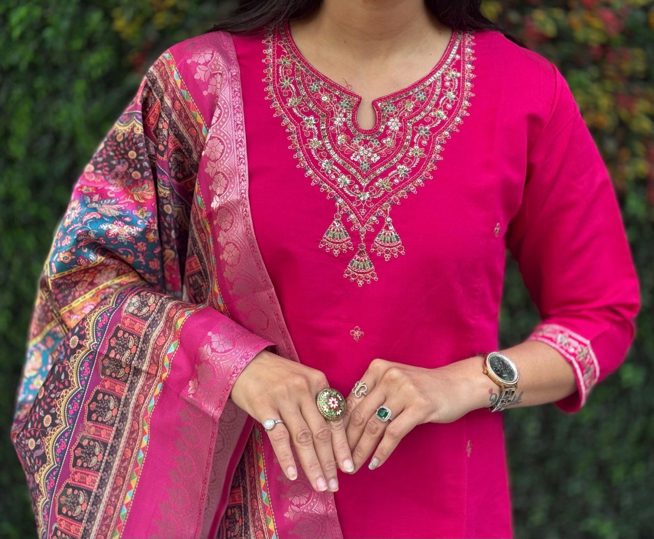 Lorenvalley Fashion Magenta Roman Silk Embroidery Multi Work Kurta Pant with Dupatta