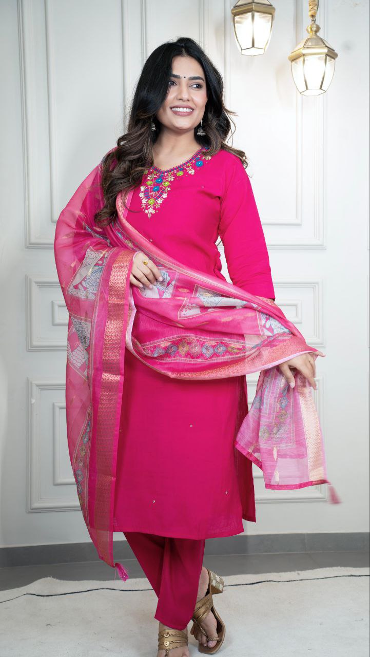 Magenta Roman Silk Kurta Set with Hand Work and Dupatta